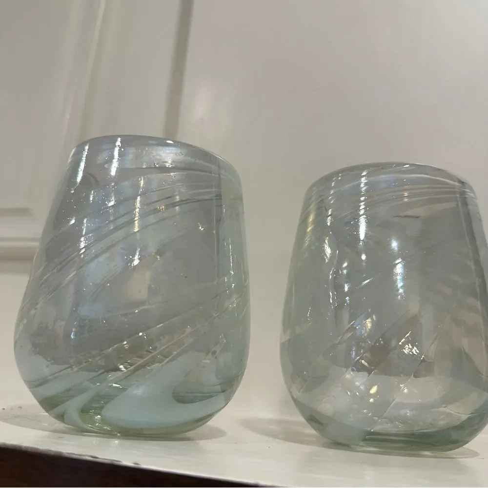 (2) Hand blown glass tumblers Tumbler Set - Clear with white glitter flecks